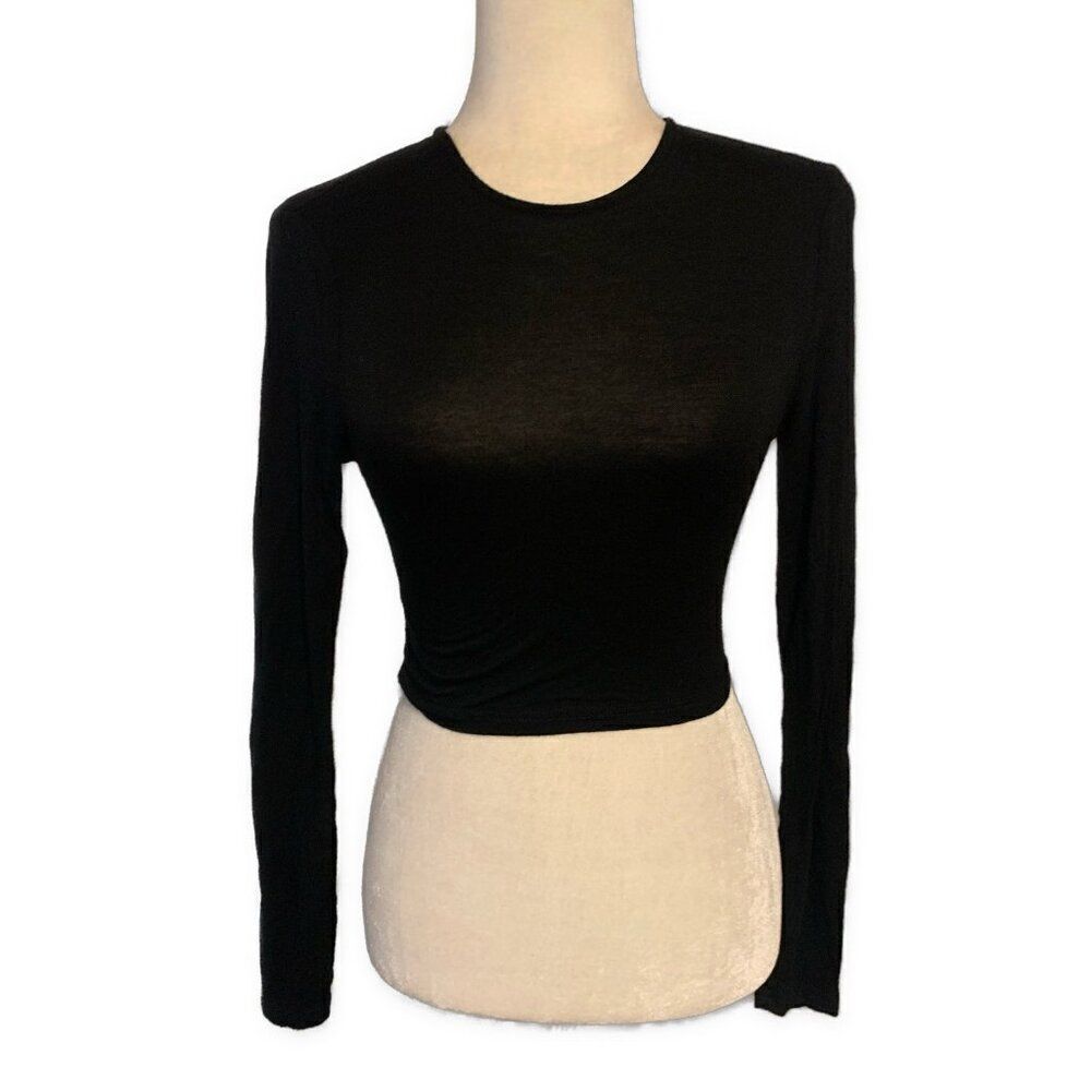 Shein Solid Black Crop Crew Neck Long SleeveāOpen Back Top Small